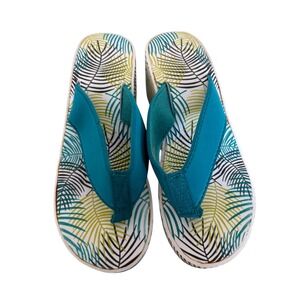 Tropical Palm Leaf Platform Flip Flops Teal Green Wedge Sandals Womens Small 5-6